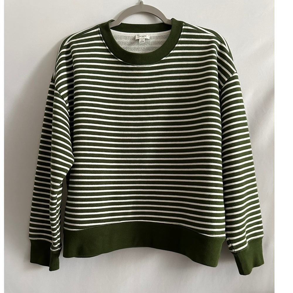J.Crew Striped Crewneck Pullover Sweatshirt M Olive White Casual Preppy Nautical